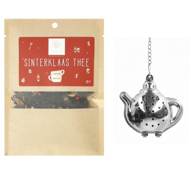 Sinterklaas thee verpakking met zwarte thee kaneel en citrus inclusief theepotvormig thee-ei