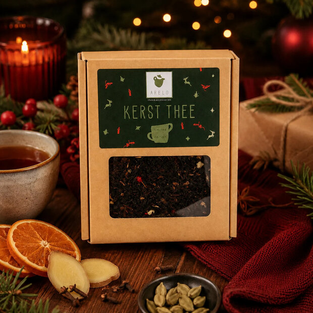 Sfeerbeeld van een dampende mok kerstthee met de geschenkverpakking op tafel
