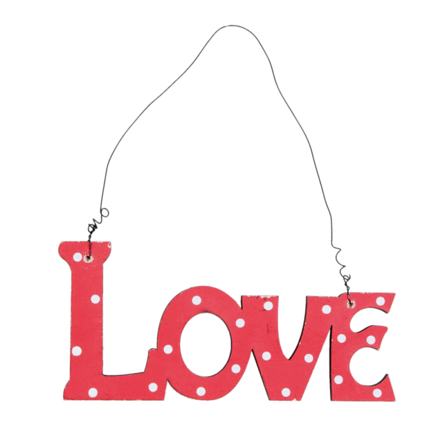 Houten hanger gevormd als het woord LOVE rood geschilderd met witte stippen (13 x 7 cm)