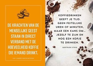 Detailopname van een opengeslagen pagina met een koffie quote en sfeerfoto