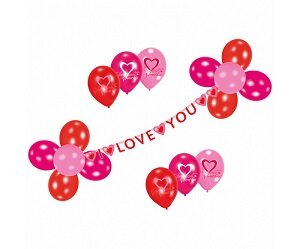 Romantisch love ballonnenpakket met rode en roze ballonnen en I Love You slinger