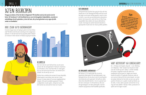 Opengeslagen pagina van het DJ lesboek met ringband en duidelijke illustraties