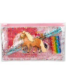Etui schrijfset Pony met glitters en notitieboekje - 5-delig