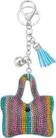 Meerkleurige tas sleutelhanger met blauw kwastje en strass