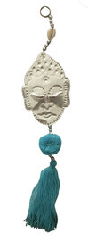 Boeddha hanger blauw met aluminium hoofd en schelpjes