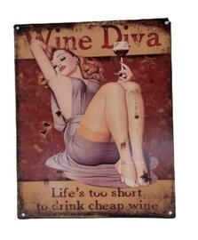 Decoratief metalen bord met wine diva tekst en afbeelding