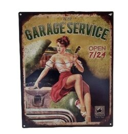 Metalen wandbord met garage service opdruk en pin-up dame