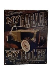 Metalen wandbord My Garage met humoristische tekst en auto