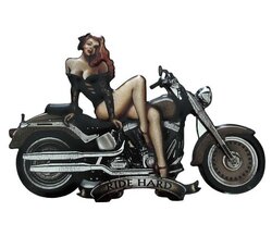 Uitgesneden metalen bord Ride Hard met motor en dame