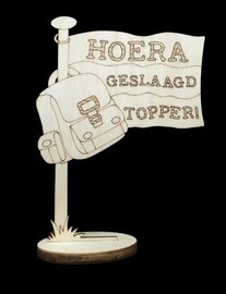 Houten voetstuk Hoera Geslaagd Topper vlag ornament