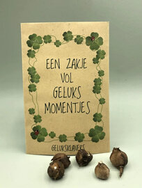 Een zakje vol geluksmomentjes geluksklavers in kraft zakje