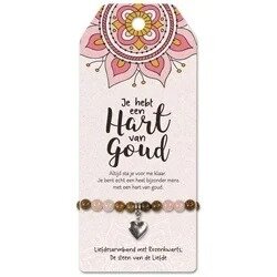 Armband met houten kralen, natuursteen rozenkwarts en hartbedel op giftcard - Hart van goud