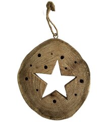 Ronde houten kersthanger met uitgesneden ster - Diameter 13 cm