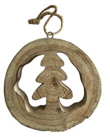 Ronde houten kersthanger met uitgesneden boom - Diameter 13 cm
