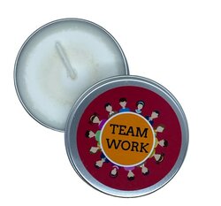 Duurzame handgegoten kaars met tekst teamwork in stijlvol bewaarblikje