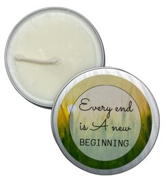 Every end is a new beginning kaars in blik