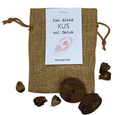 Een dikke kus vol geluk - Klavertje vier in jute zakje met 5 bolletjes