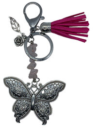 Vlinder rozenkwarts fuchsia met natuursteen en geschenkkaartje