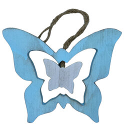 Houten decoratie hanger met turquoise en witte vlinders