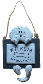 Houten bordje - Hond welkom bij ons thuis met handig ophangkoord