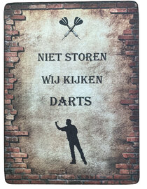 Houten tekstbordje met afbeelding van darter en tekst kijken darts