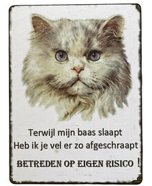 Houten tekstbordje met afbeelding van een kat eigen risico