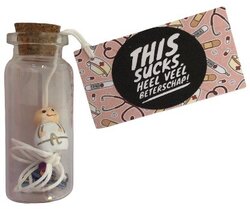 Flesje  met gelukspoppetje handgemaakt - This sucks. Heel veel beterschap