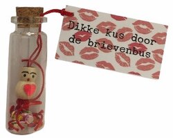 Flesje met handgemaakt gelukspoppetje - Dikke kus door de brievenbus