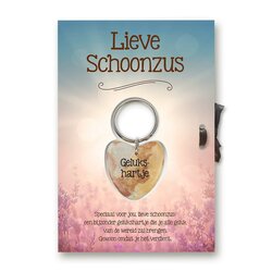 Sleutelhanger gelukshartje voor lieve schoonzus met hartverwarmende kaart