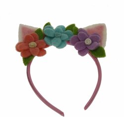 Roze satijnen haarband met vilten kattenoortjes en vrolijke bloemen