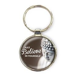 Geluksboeddha sleutelhanger met inspirerende tekst - Just believe in yourself