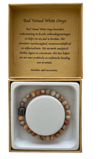 Dames armband Red Veined White Onyx armband met Boeddha kraal Dames armband Red Veined White Onyx armband met Boeddha kraal