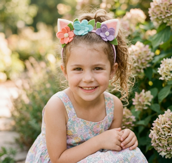 Roze satijnen haarband met vilten kattenoortjes en vrolijke bloemen