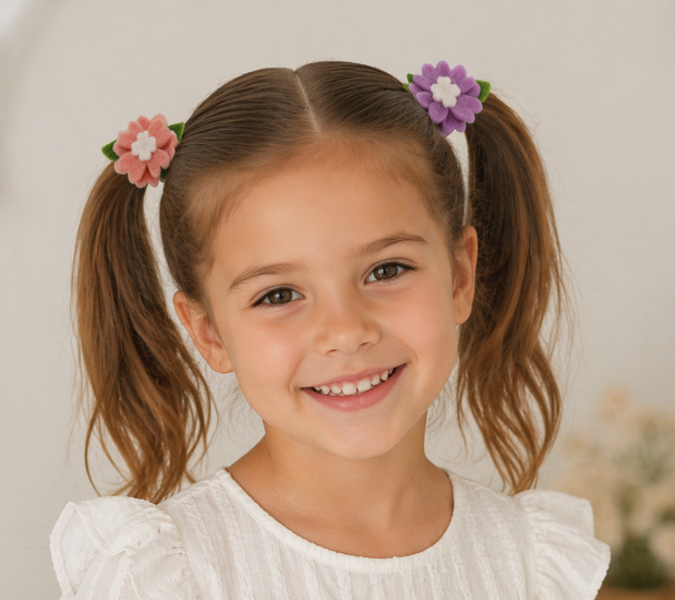 Set van drie haar elastiekjes met kleurrijke vilten bloemen